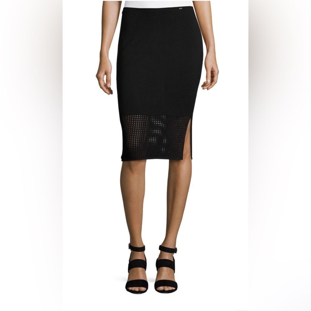 St. John Black Novelty Knit Pencil Skirt w/ Lattice Hem L